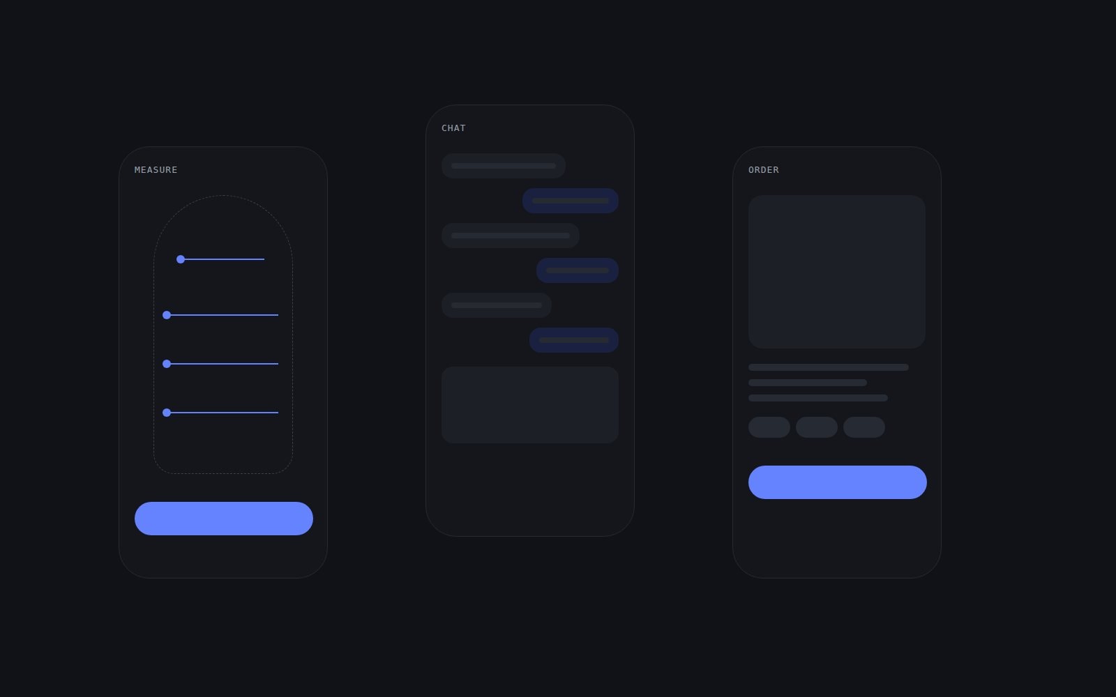 Darzikaar app screens: AI body measurement, chat with a tailor and an order